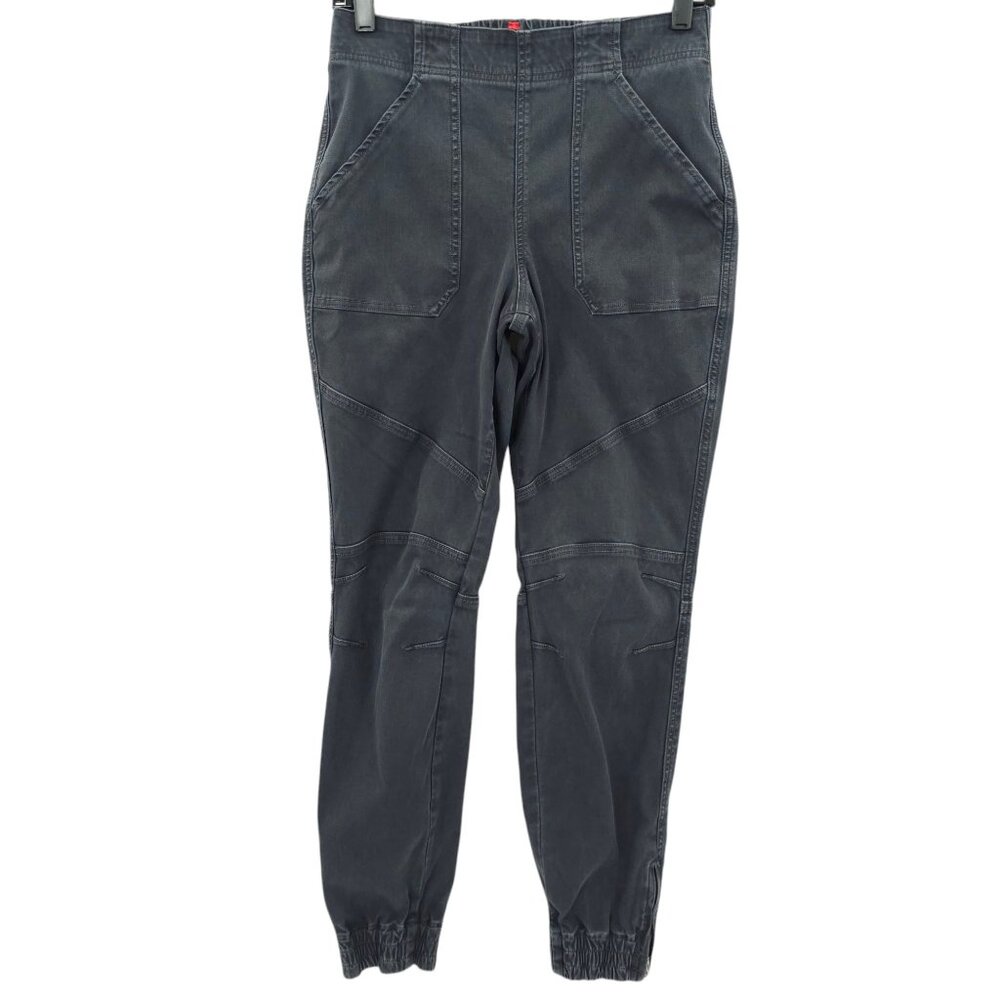 Spanx Pants Twill Cargo Jogger M Stretch Waist Black Pull On Mid Rise Moto Ankle